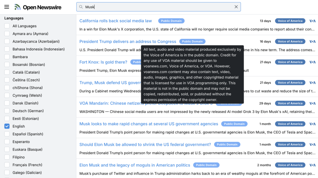 A screenshot of Open Newswire showing Voice of America articles about Elon Musk.