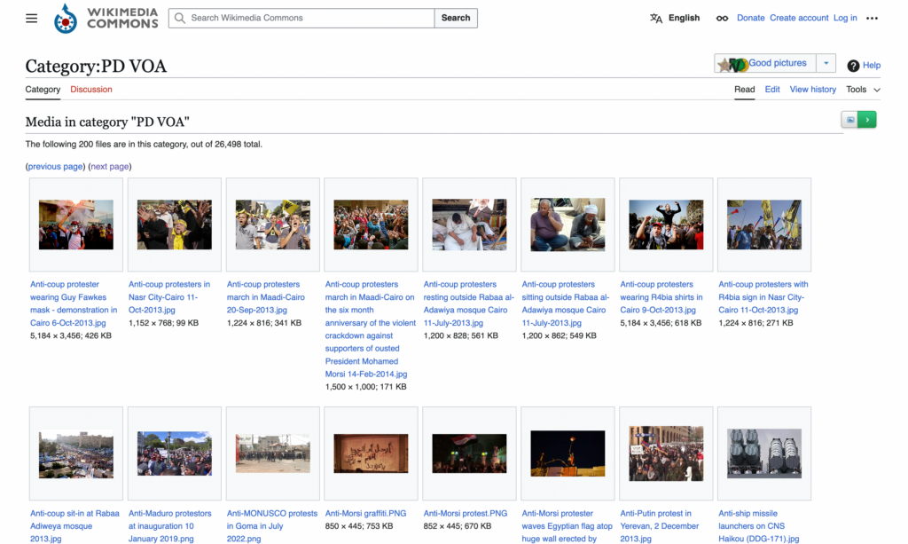 A screenshot of Wikimedia Commons showing a category for photos produced by Voice of America journalists.